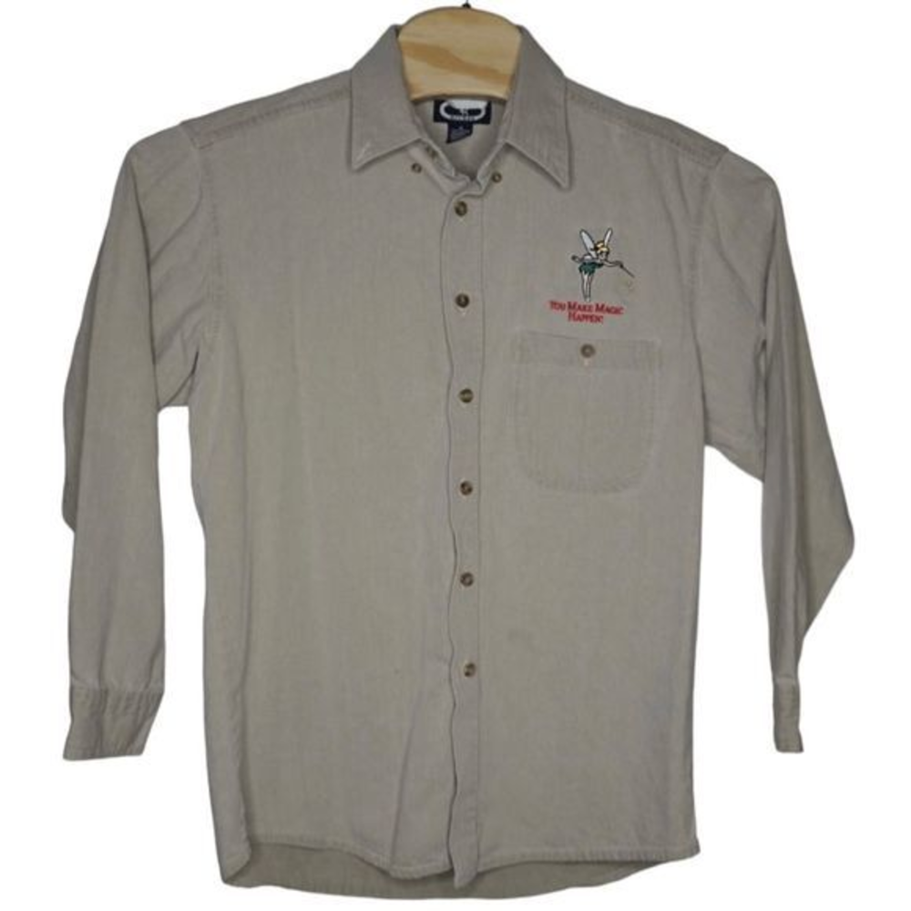 Disney Tan CMO "You Make Magic Happen" Long Sleeve Button Up Tinker Bell Size Md